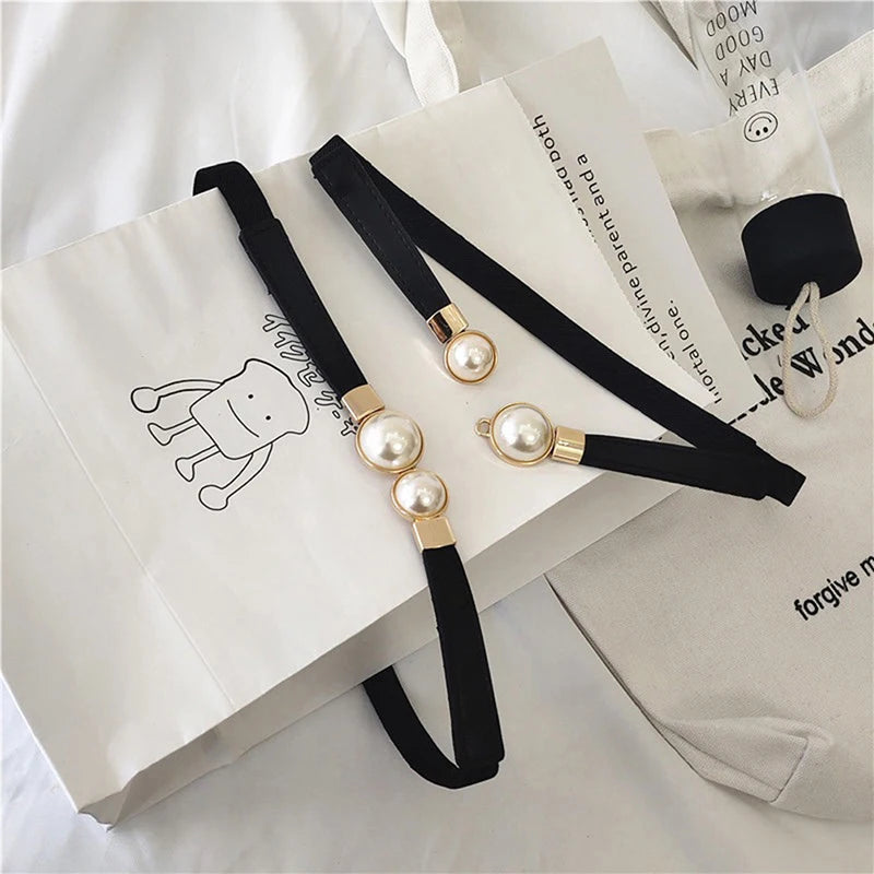 Creative Pearl Buckle Belt/PU Leather Dress Skirt/Waist Elastic Thin Women Belts Ladies Waistband.