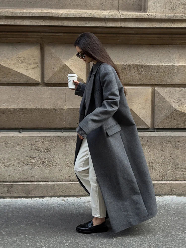 Classic Oversized Winter Coat/Women's Long Sleeved Coat/Turn-Down Collar/Adjusted Long Sleeved/Single Button Mid-length/Outerwear.