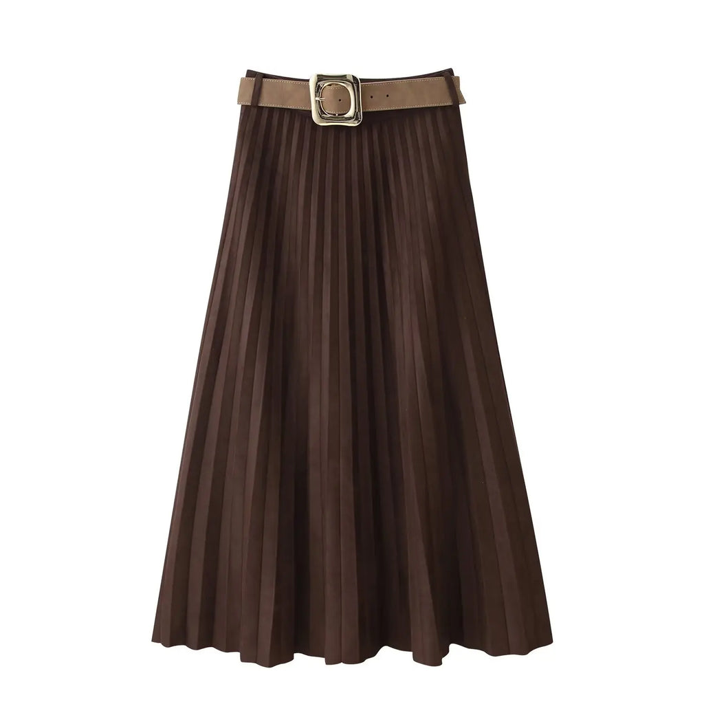 Flowing Effect Pleated Skirt/Neutral Beauty Layered Skirt/Midi Long Skirt/High Waist Elegant Faux Suede Skirt With Belt.