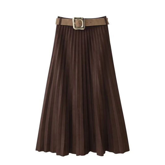 Flowing Effect Pleated Skirt/Neutral Beauty Layered Skirt/Midi Long Skirt/High Waist Elegant Faux Suede Skirt With Belt.