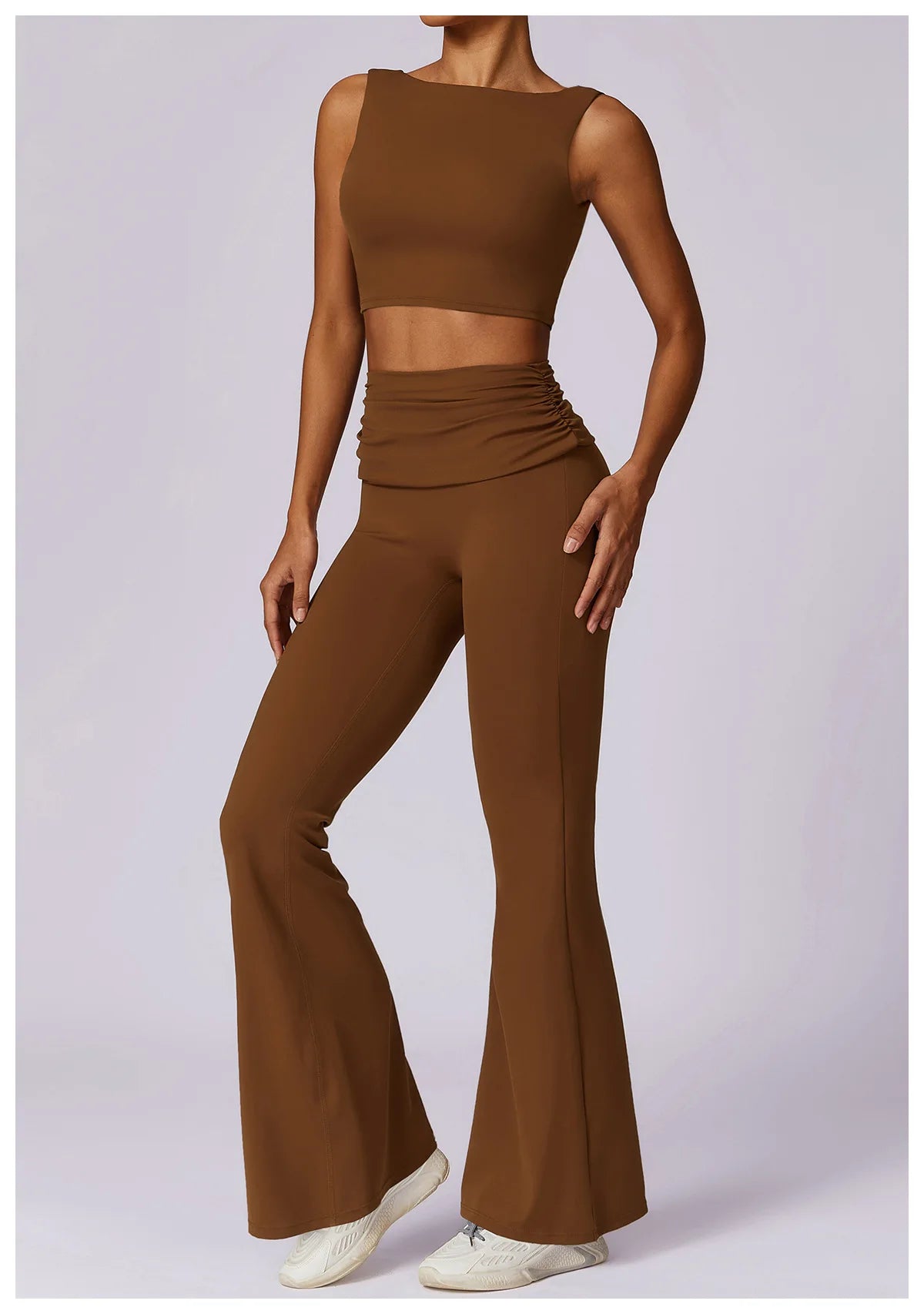 High-Waisted Flared Active Pants with Sculpting Fit – Neutral Beige