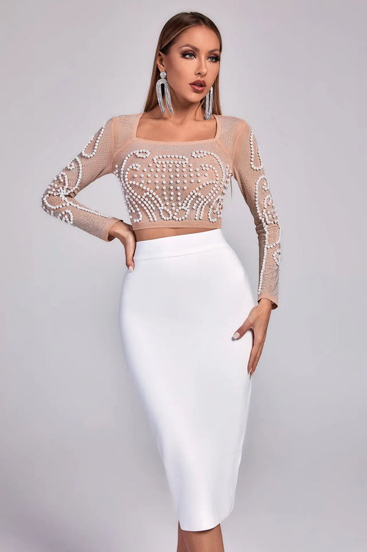 Luxe Pearl Embellished Crop Top & Midi Skirt Set