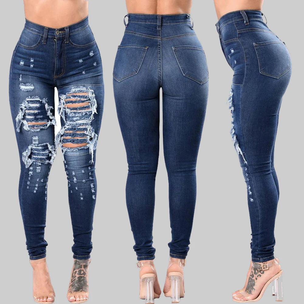 Hollow Out Ripped Denim’s/ High Waist Jeans/Elastic Designed Skinny Jeans/Vintage Stretch Style/Zipper Fly Pencil Pant’s.
