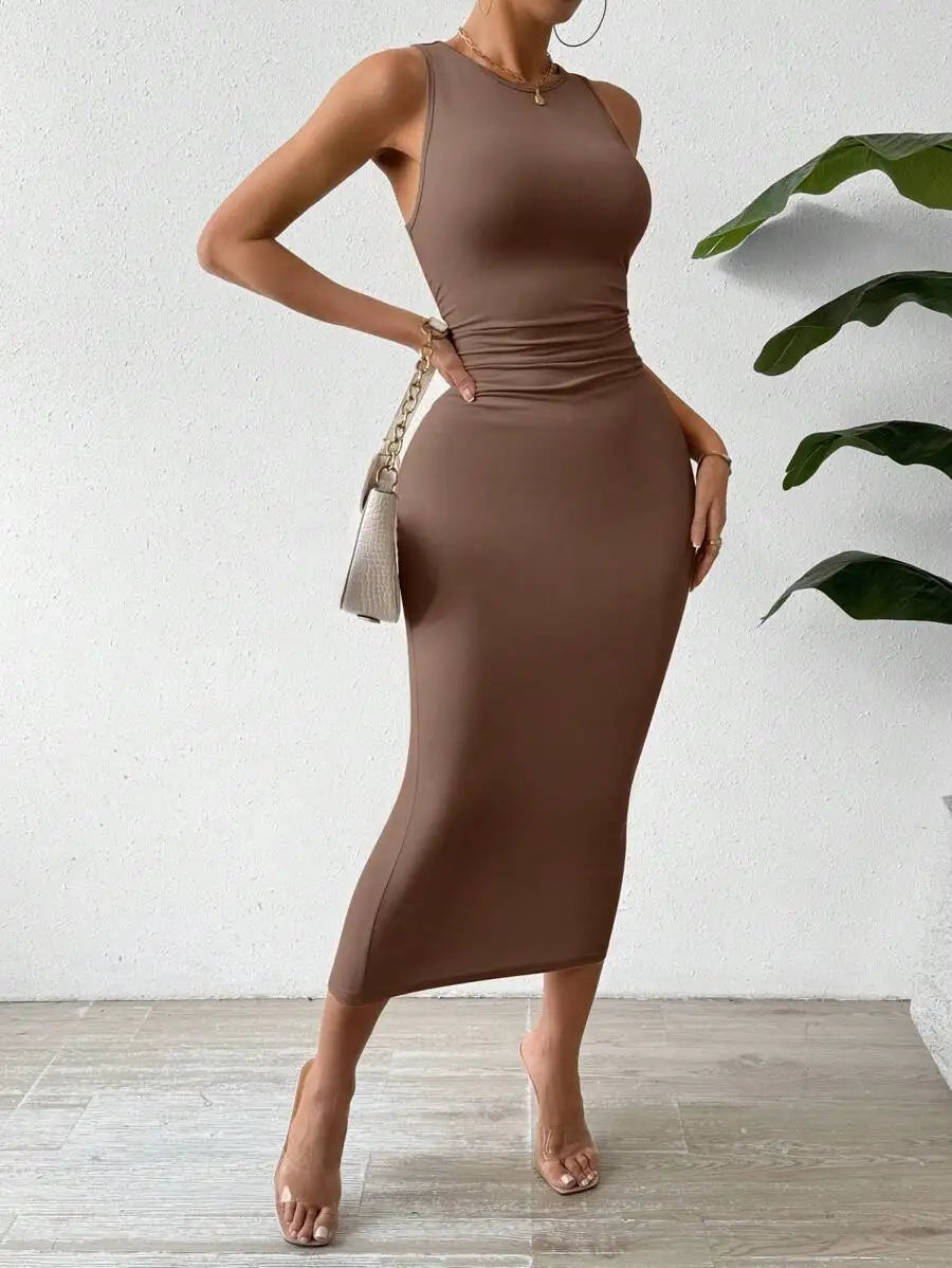 Modern Blend Boutique | Sculpted Suede Midi Dress – High Neck Bodycon Waist Cinch Elegant Minimalist Dress (3 Color Set Available, In packs)