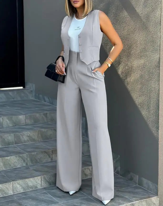 Trousers Suit Women's Vest Suit/Elegant Loose Regular Work Suit/High Waist Wide-leg Trousers 2-piece Street Suit.