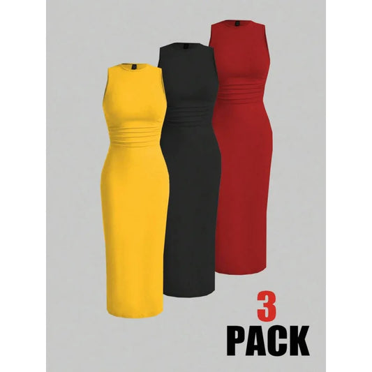 Modern Blend Boutique | Sculpted Suede Midi Dress – High Neck Bodycon Waist Cinch Elegant Minimalist Dress (3 Color Set Available, In packs)