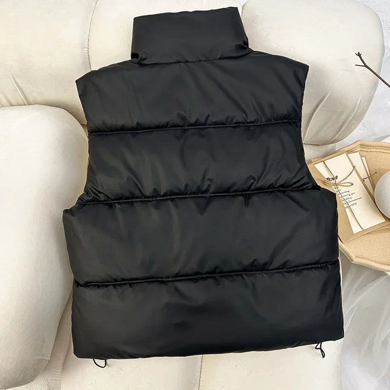 New Autumn Casual Loose Down Cotton Vests Women Stand Collar Short Sleeveless Coats Solid Zipper Waistcoat Winter Warm Vest