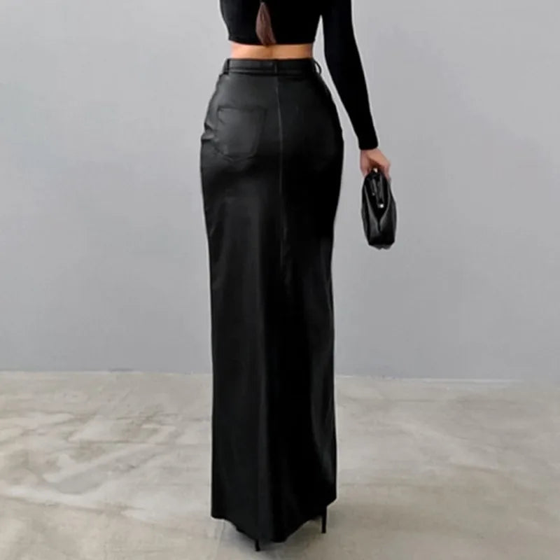 Luxury High-Waist Faux Leather Midi Skirt with Front Slit – Elegant Tailored Fit
