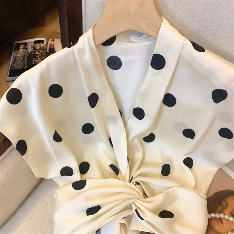 Elegant Polka Dot Tie Front Blouse – Women’s Retro V-Neck Waist Tie Top | French Chic Lightweight Luxury Blouse | Modern Blend Boutique