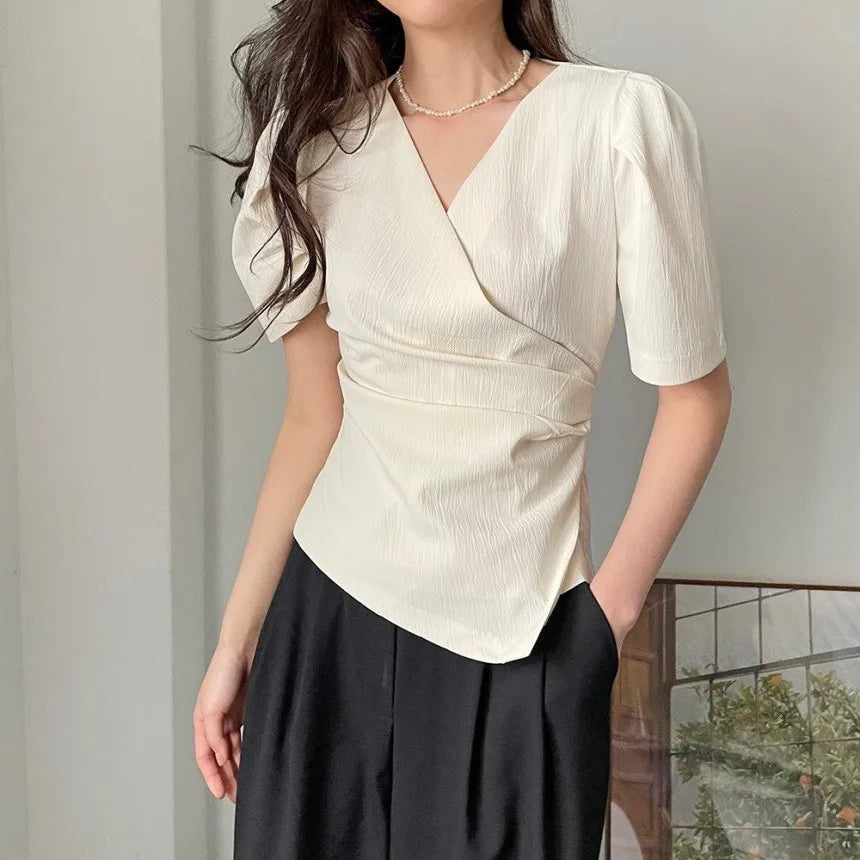 Solid Tucked V Neck Slim Blouse/Elegant Short Sleeve Asymmetrical Top For Women Hot Sale.