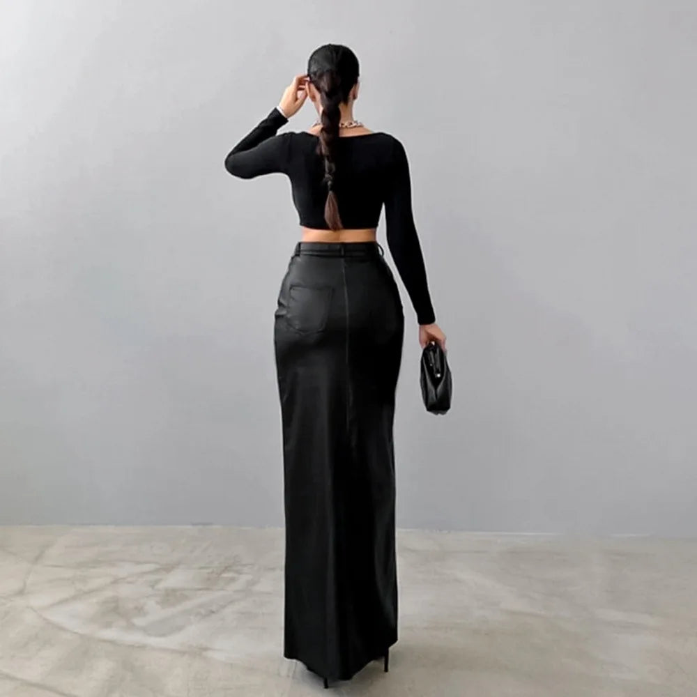 Luxury High-Waist Faux Leather Midi Skirt with Front Slit – Elegant Tailored Fit