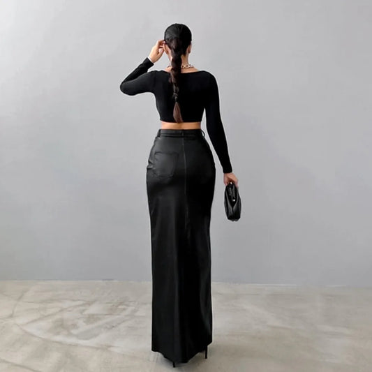 Luxury High-Waist Faux Leather Midi Skirt with Front Slit – Elegant Tailored Fit