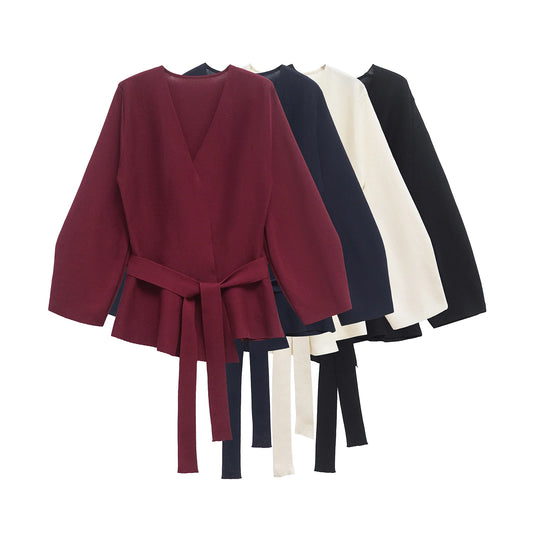 Cardigan Tuck Wrap knitted Blazer/Shoulder Pad Belt Knit Blazer/Retro V-neck Long Sleeve Versatile Female/Coat Women Clothes.