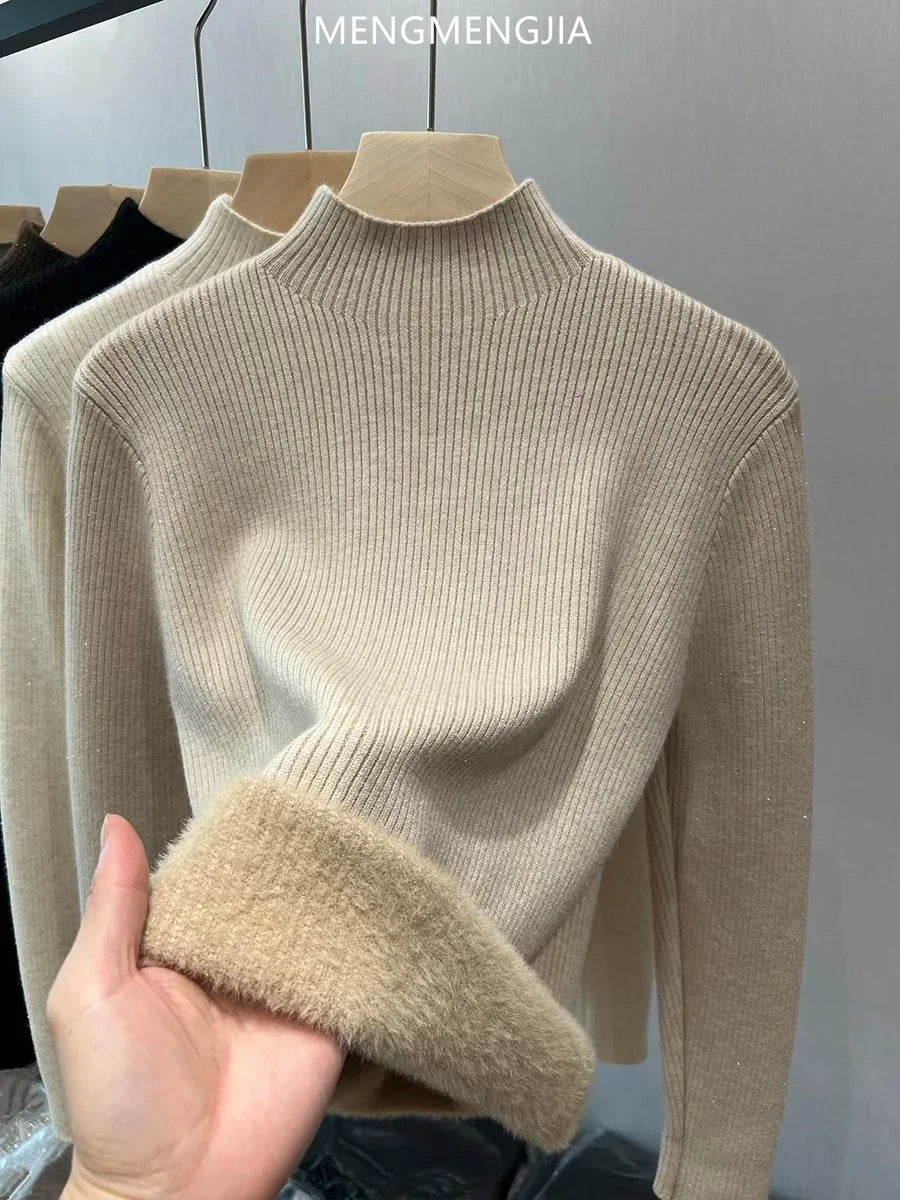Solid Neck FleeceTurtleneck/Winter Sweater Women Elegant/Thicken Velvet Lined Warm Sueter Knitwear Jumper.