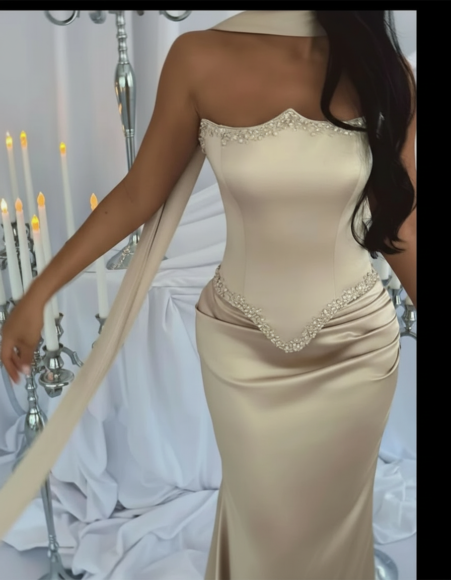 Silk Full Length Mila Beige Strapless Dress/Sleeveless Satin Customized Floor Length Evening Dress.