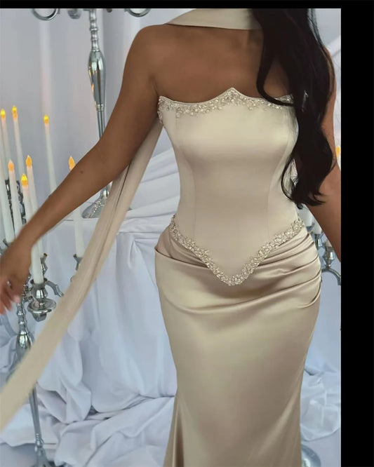 Silk Full Length Mila Beige Strapless Dress/Sleeveless Satin Customized Floor Length Evening Dress.