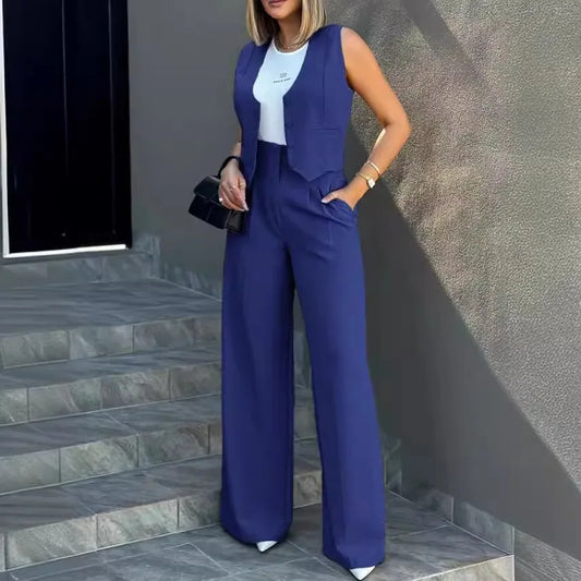 Trousers Suit Women's Vest Suit/Elegant Loose Regular Work Suit/High Waist Wide-leg Trousers 2-piece Street Suit.