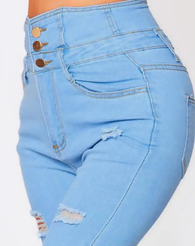 Trend Autumn Fashion High Waist/Buttoned Cutout Ripped Casual/Skinny Plain Pocket Design Daily Long Jeans/Non~Stretch.