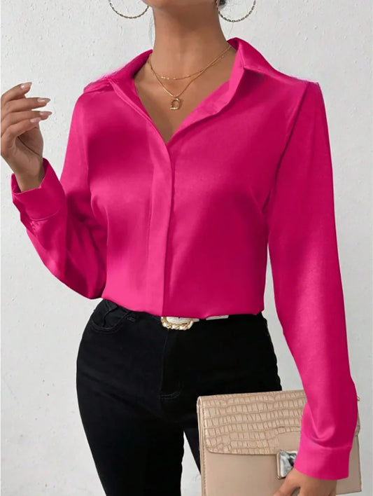 Satin Like Silk Button Down Blouse/ Long Sleeved Slightly Stretched.