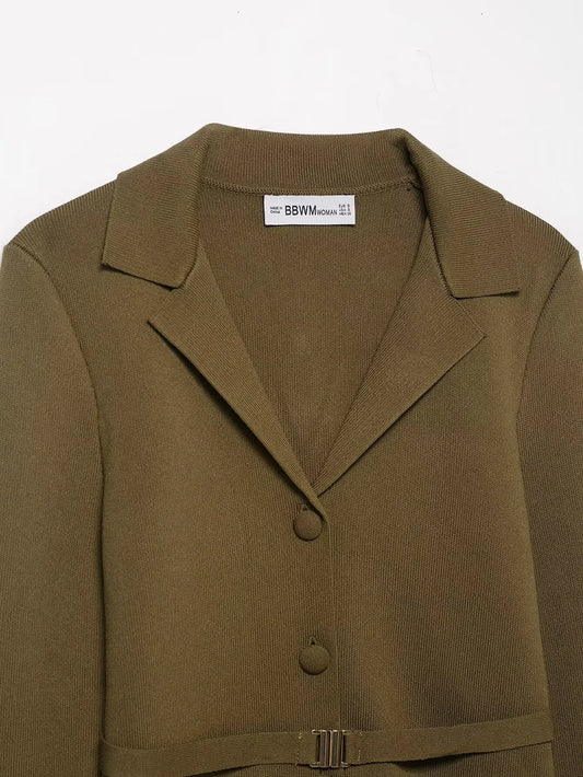 Women’s Olive Green Knit Blazer & Midi Skirt Set | Elegant Two-Piece Business Casual Suit | Fall Winter Fashion