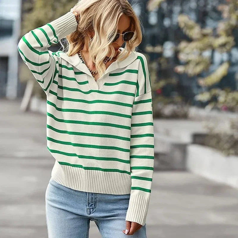 Striped Knitted Sweater Top Casual/Autumn Winter Long Sleeve/Turn/Down Collar Loose Knitwear/Autumn collar V neck Streetwear.