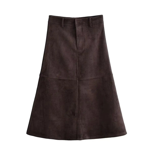 Ladies Coffee Suede Textured Midi Skirt – High-Waisted A-Line Elegant Casual Commuter Skirt