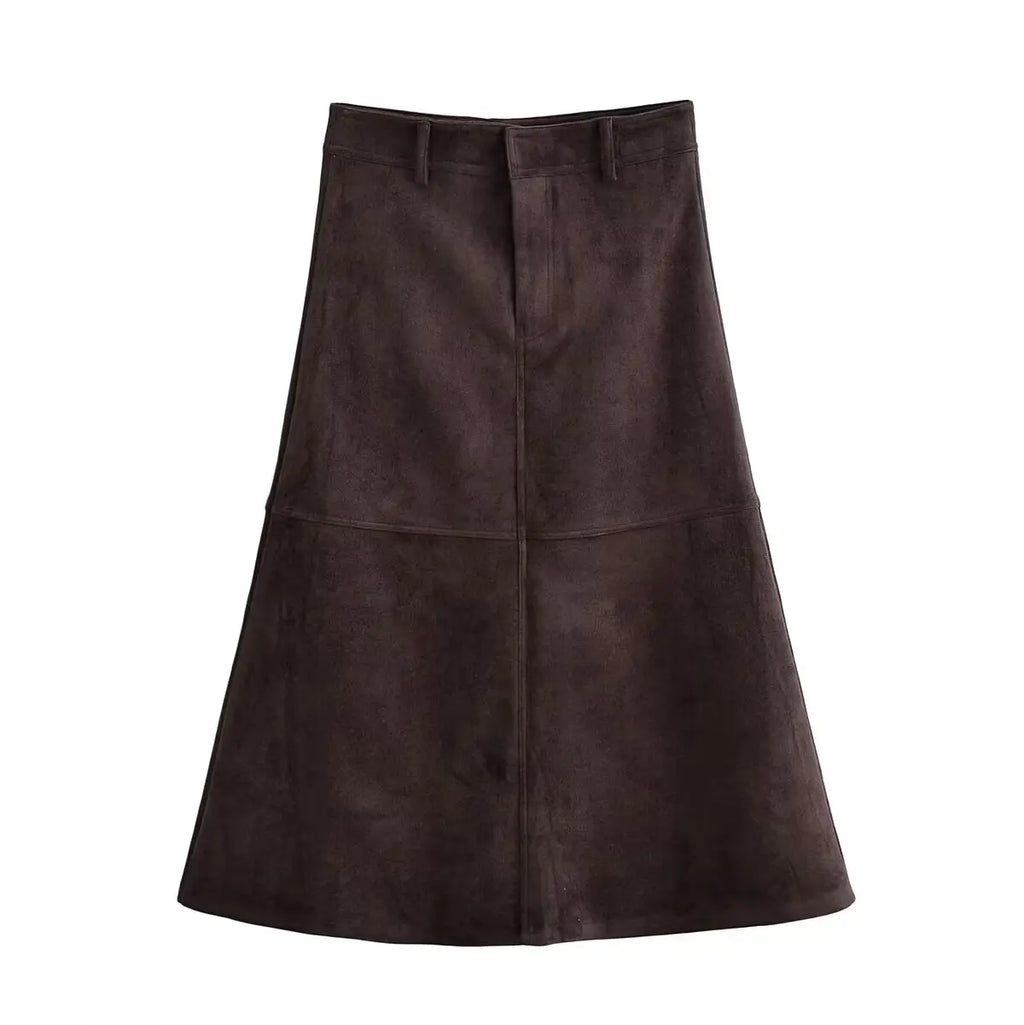 Coffee Suede Textured Half Skirt/Female High Waisted A-Line Fashion Midi Half Skirt.
