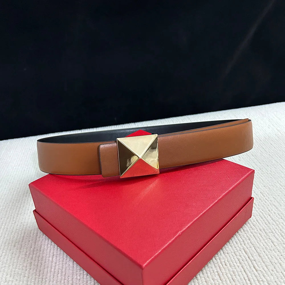 Luxury Brown Leather Belt with Gold Geometric Buckle | Women’s Statement Waist Belt