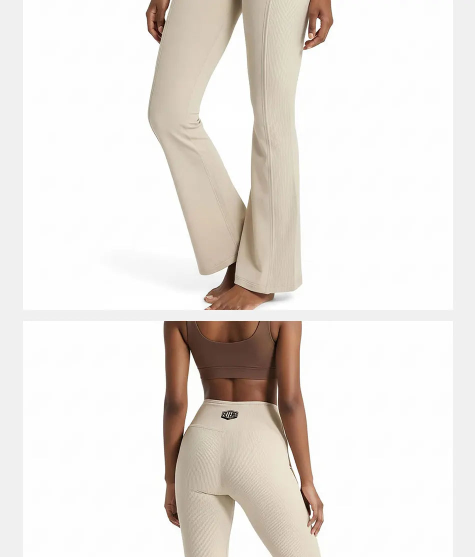 “High-waisted sculpting flare yoga pants with dual-curve construction and moisture-wicking stretch fabric.”