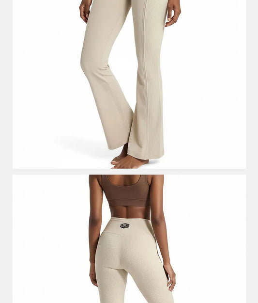 “High-waisted sculpting flare yoga pants with dual-curve construction and moisture-wicking stretch fabric.”