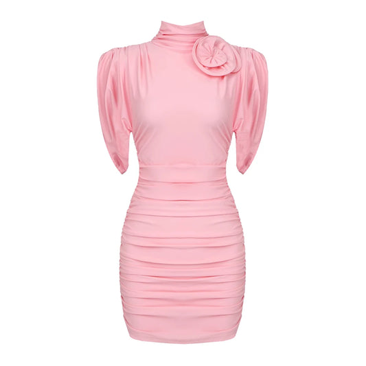 VC Pink Floral Draped Mini Dress – Chic Short Sleeve Dress for Women VC Pink Sheath Dress.