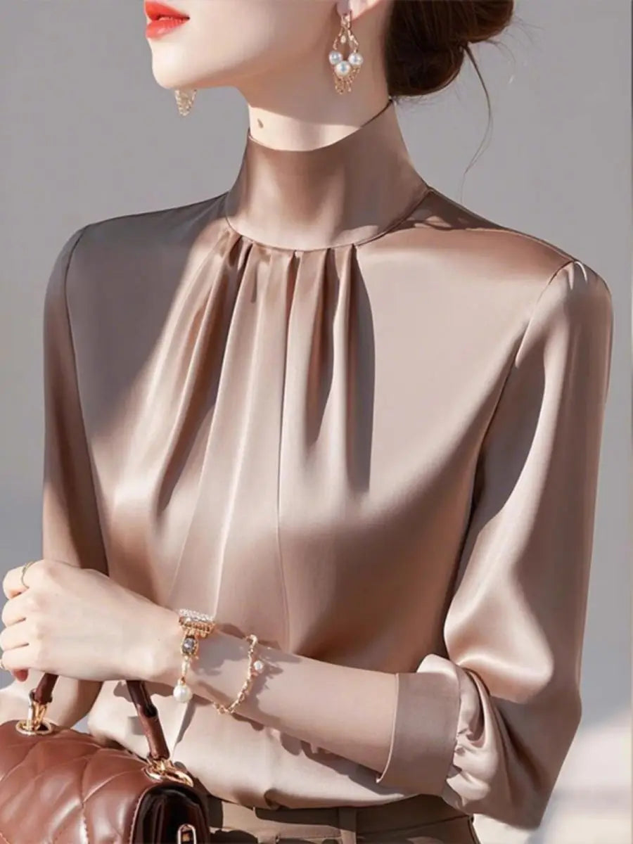Luxury Satin Pleated Blouse – Elegant Long Sleeve Silky Top for Women