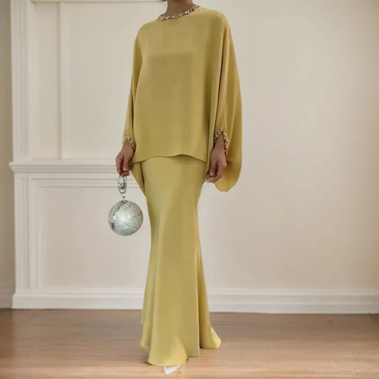 Modern Designed Floral Print Dress/Fashion Silk Beaded Loose Pencil/Maxi Skirt Suit Two Piece Set Simple Party Gown Dresses Set’s.