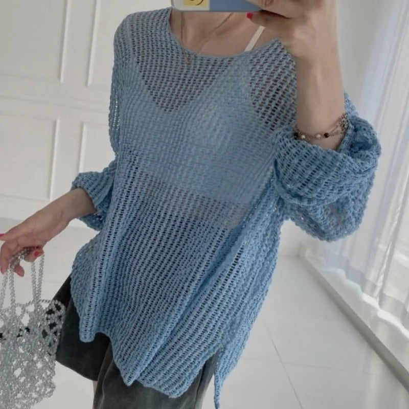 Hollow Out Pullovers Women Baggy O-neck Clothing/Casual Simple Stylish Vintage See-through Streetwear.