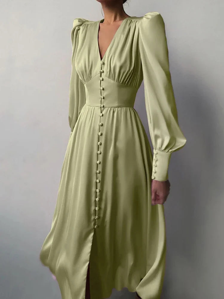 Elegant Fashion Single Breasted  Dress for Women Party Robe High Waist Satin Long Dress Sexy Lantern Sleeve Chic Midi Dresses