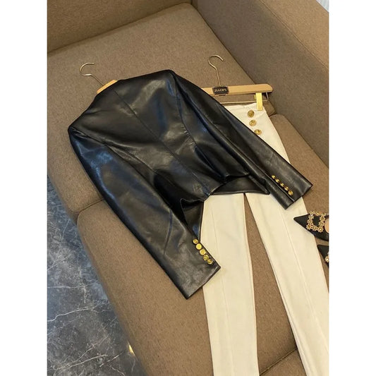 Luxury Faux Leather Tailored Blazer with Gold Buttons | Women’s Structured Vegan Leather Jacket