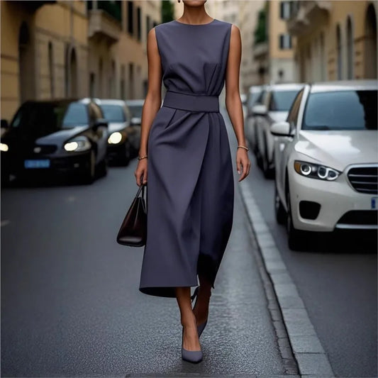 Solid Fashioned Sleeveless Dress/Elegant Round Neck Lace-up/Solid Color Look/Casual Spaghetti Strap Dress.