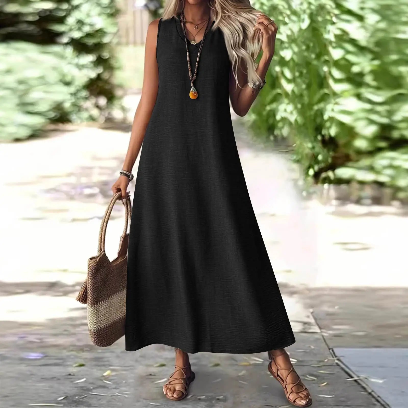 Trendy Solid V-Neck Loose Dress/Sleeveless V Neck Pullover Dresses/Holiday Beach Skirt Robe.