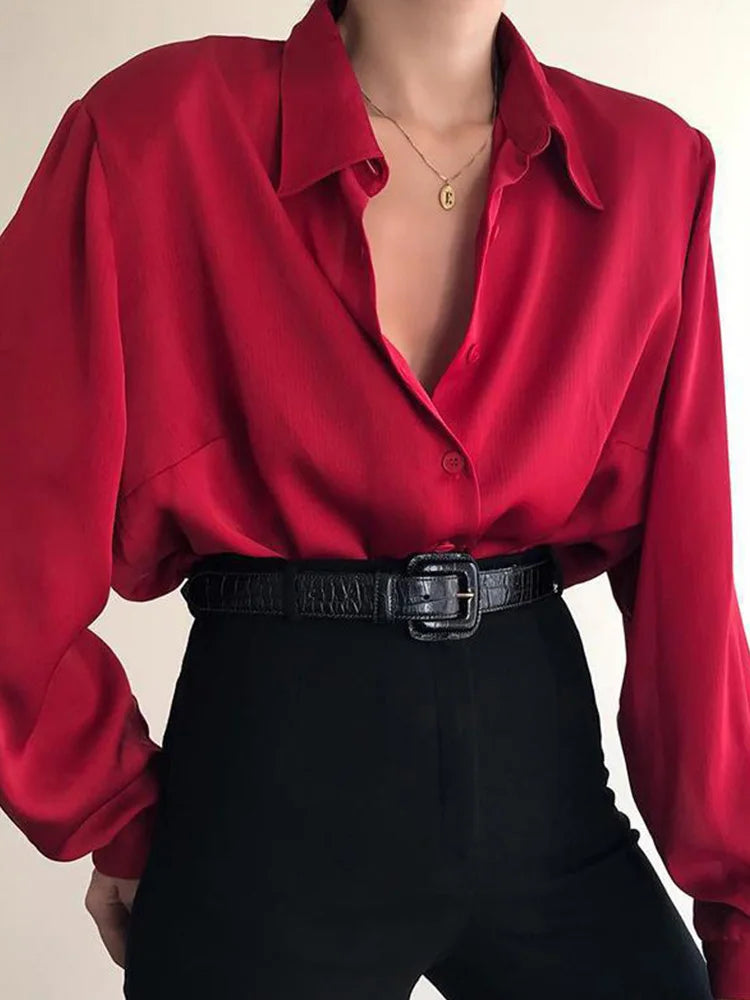 Admirable Solid V~Neck Button Blouses/Turn Down Collar Shirts/Long Sleeve Casual Blouse Loose OL Shirt/ Baggy Tops Red/Wine Red /Black.