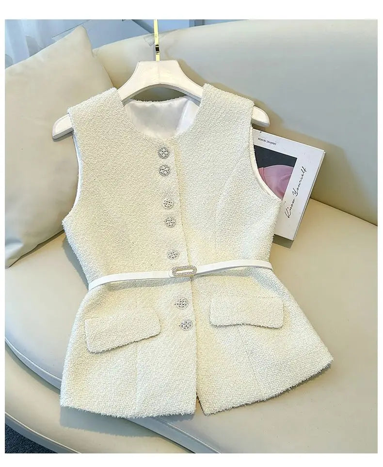 Luxury Cream Bouclé Vest & Tulle Maxi Skirt Set – Elegant Two-Piece Women’s Boutique Outfit