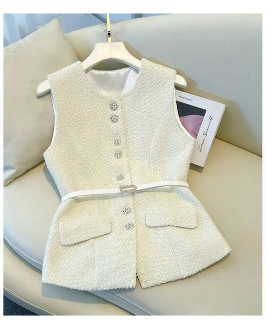Luxury Cream Bouclé Vest & Tulle Maxi Skirt Set – Elegant Two-Piece Women’s Boutique Outfit