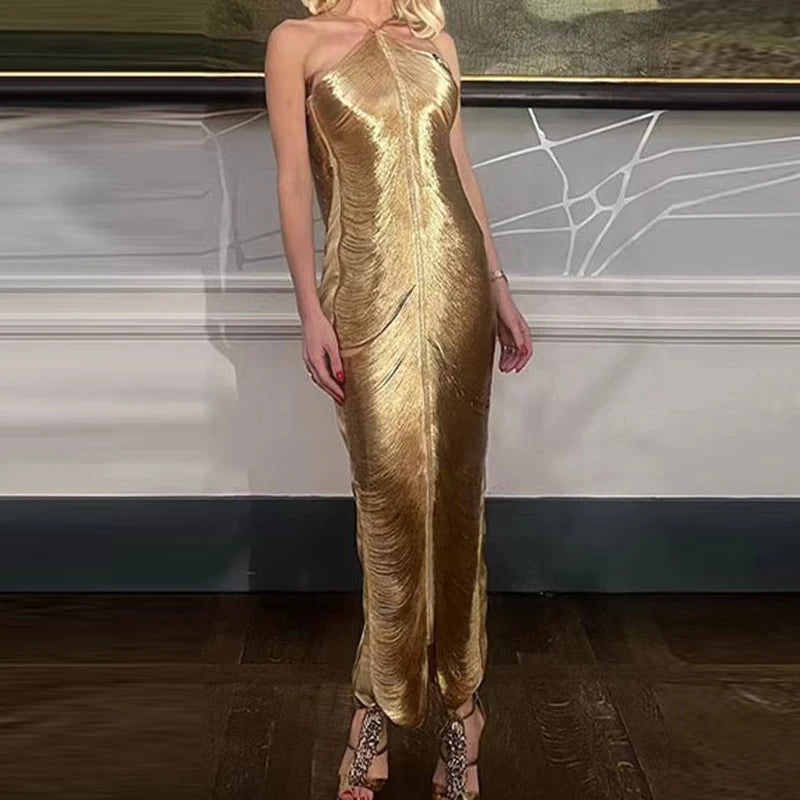 Luxury Draped Halter Maxi Dress – Shimmer Evening Gown for Elegant Women | Modern Blend Boutique