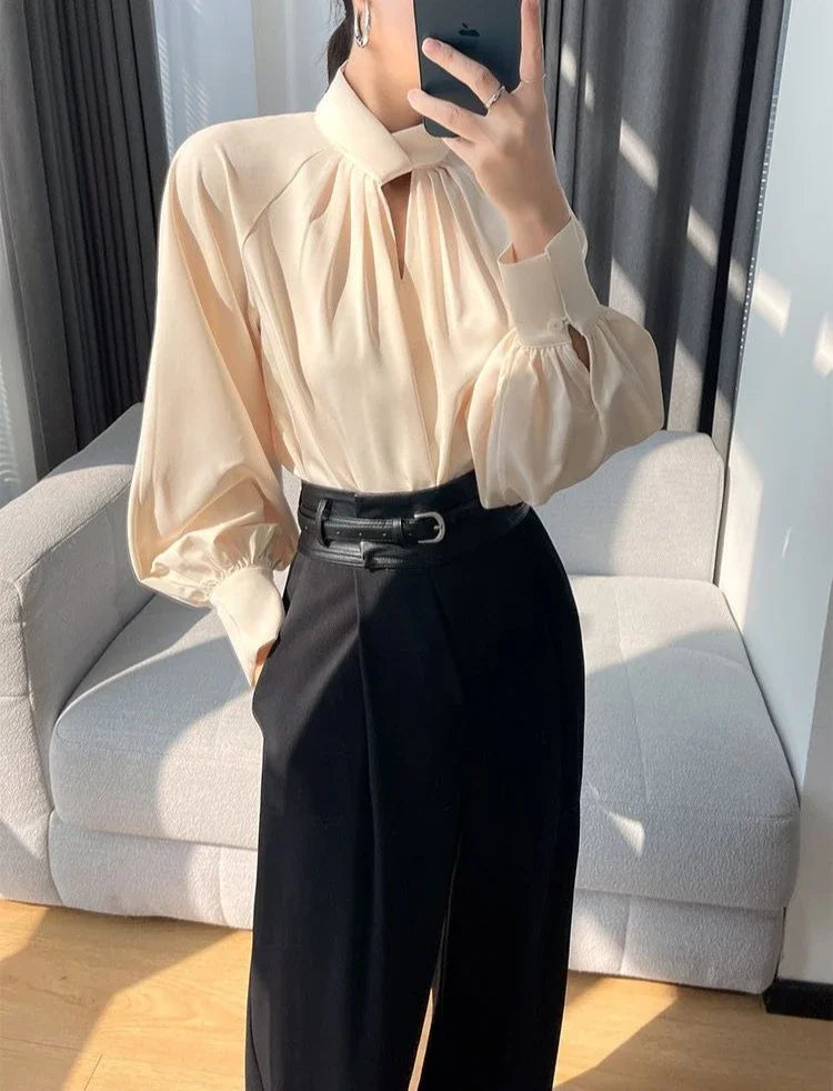 Elegant Twist-Neck Satin Blouse for Women – Long Sleeve Formal Top