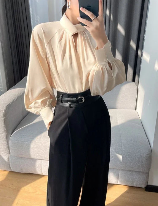 Elegant Twist-Neck Satin Blouse for Women – Long Sleeve Formal Top