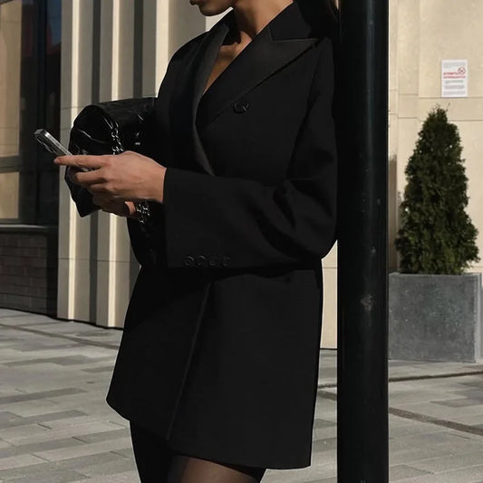 Black Tailored Blazer Dress – Double Breasted Satin Lapel Mini Dress