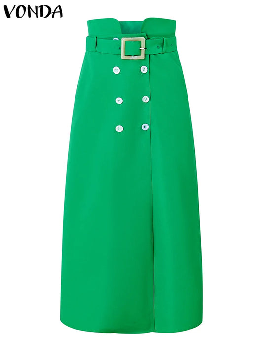 VONDA Button up Midi Skirt/Casual Waistband Button Design Slit Long Overskirts Solid Color Office Lady Bottoms.