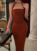 Jielur Halter Elegant Dress/Midi Bodycon Solid Strapless Dress/Knee Length Pullover.