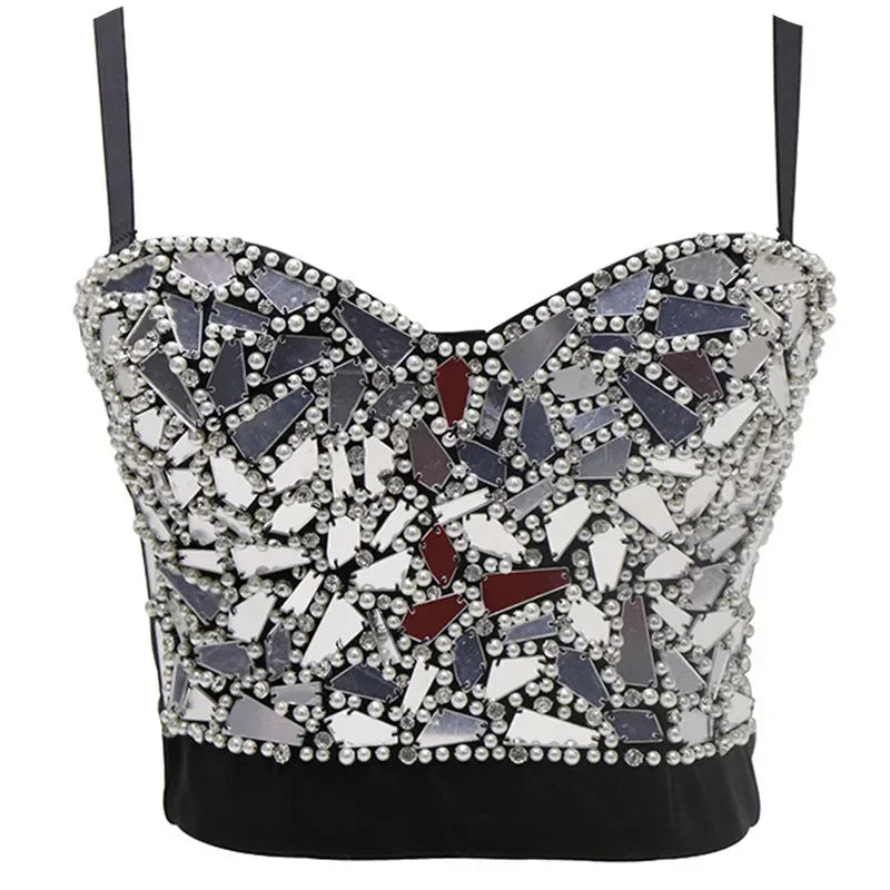 Fashion Sequined Tank Top/Shiny Shaper Push Up Bra/Sexy Halter Cropped Top/Bralette Corset Camis.