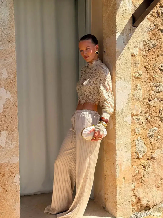 Timeless Lace Two-Piece Set | Elegant Cropped Lace Top & Wide-Leg Pants