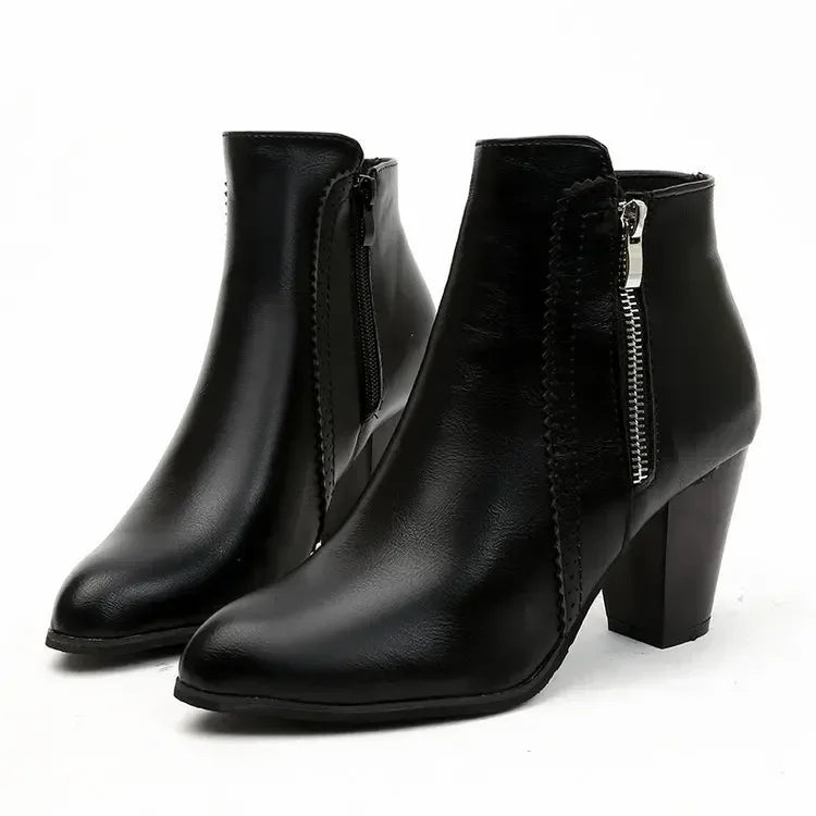 Women’s Faux Leather Ankle Boots | Chunky Block Heel, Side Zipper, Round Toe, Classic Dress Booties – Black & Cognac Brown